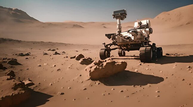 Rover travelling on martian surface. Perseverance rover Mission Mars exploration of red planet. Colony on Mars. Mars colonization and space travel concept. AI generated animation. futuristic, sci-fi
