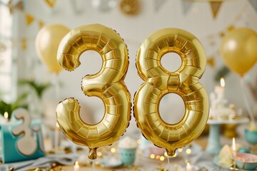 38. Geburtstag, "38" aus goldenen Heliumballons, festlicher Hintergrund