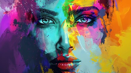 This is an image of a face portrayed in a vibrant and colorful abstract art style, with intense hues and dynamic splashes overlaying the features.