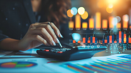 Finance and investment or data analysis concept. Business woman calculating financial report and analyzing market data - obrazy, fototapety, plakaty