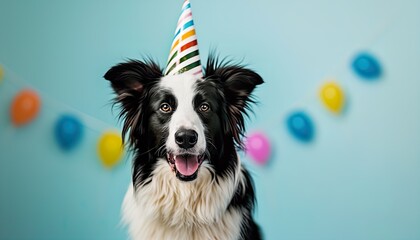 Funny Collie Dog celebrating party birthday or carnival wearing party hat. Party animal concept. Border collie at party wearing party hat and striped horn