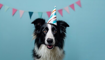 Collie Dog celebrating party birthday or carnival wearing party hat. Colored blue background