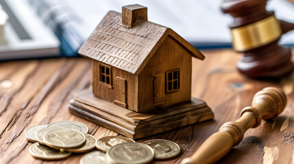 Concept of real estate law, auctions and home buying. Miniature wooden house, judge's scales and gavel on the table.