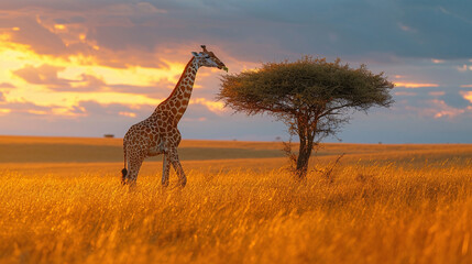 Fototapeta premium High-quality photo of a giraffe standing and eating tree leaves somewhere in the savannah