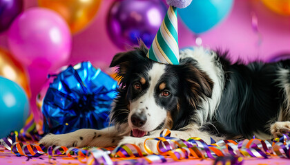 Fototapeta na wymiar Funny Collie Dog celebrating party birthday or carnival wearing party hat. Party animal concept. Border collie at party wearing party hat and striped horn. Colored vibrant party background, balloons