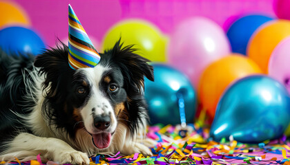 Fototapeta na wymiar Funny Collie Dog celebrating party birthday or carnival wearing party hat. Border collie at party wearing party hat