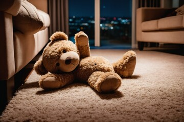 Teddy bear is laying down on carpet in cinematic tone, Dramatic shot of Lonely teddy bear laying down alone in living room at night, lonely concept, international missing children's day.