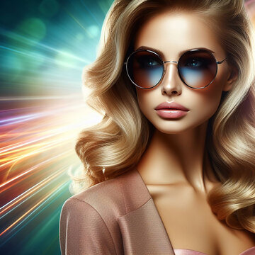 A young woman with blonde hair and sunglasses against a colorful futuristic backdrop