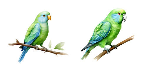 Naklejka premium Green parrotlet bird, watercolor clipart illustration with isolated background.