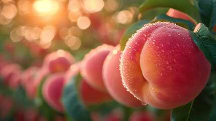 Close-up view of juicy ripe peaches on a tree in an orchard - obrazy, fototapety, plakaty