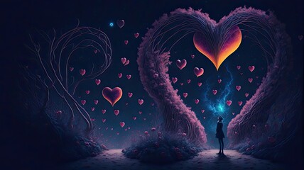 A man standing in front of a heart shaped tree, Valentine's day concept, illustration of a fantasy forest with hearts at moonlit night, a man in dream forest with hearts and trees