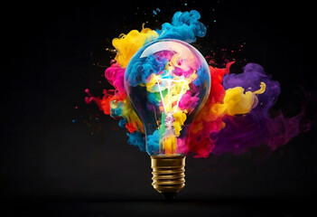 A light bulb with colorful elements coming out, a concept of out of the box thinking.