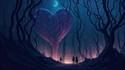 A dreamy illustration of a couple standing in a forest at moonlit night, Illustration of a couple in the dark forest with heart shape tree, dream forest with heart shaped trees