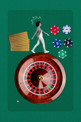 Vertical creative photo collage of miniature black white gamma woman walking on roulette wheel...