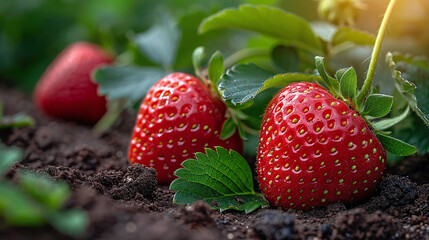 Very high quality close-up shot of ripe juicy strawberries in the garden