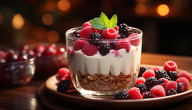 Fresh berry parfait with yogurt, granola, and mint leaf garnish generated by AI