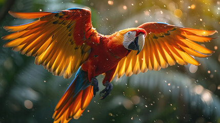 Very detailed, high quality shot of a parrot flying between the trees in the jungle, in sunny weather
