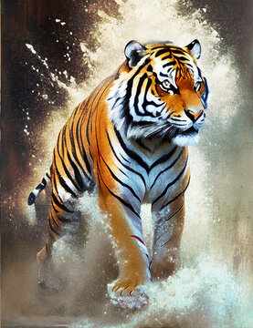 illustration featuring a wild striped tiger captured in all its splendor, wildlife and nature with dust spray, artwork painted in a realistic manner.