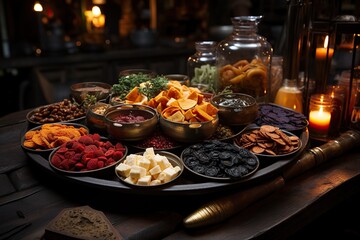Assorted dried fruits, nuts, and snacks presented on a dark platter with ambient lighting