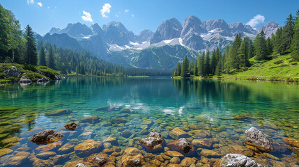 Beautiful view of the lake, near the forest and against the backdrop of snow-capped mountains