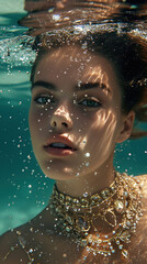Fototapeta na wymiar Underwater portrait of beautiful girl. Fashion concept image water focused. Under water swimming pool portrait picture.