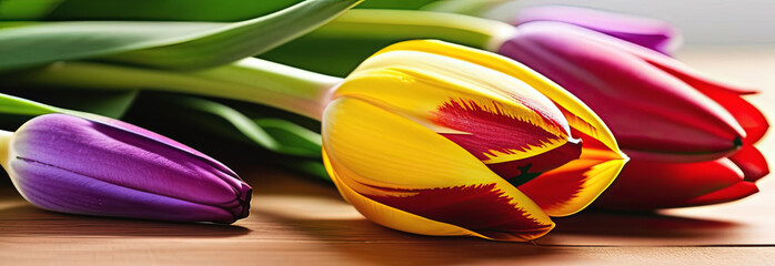 multicolored tulips lying on a white background,