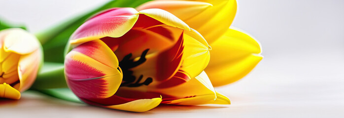 multicolored tulips lying on a white background,