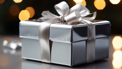 Shiny gift box wrapped in gold wrapping paper generated by AI