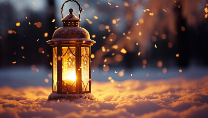 Glowing lantern illuminates winter night, symbolizing celebration generated by AI