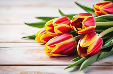 an armful of colorful tulips, lying on a white wooden background, there is a copy space.