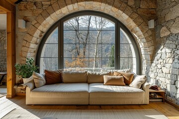 Beige sofa against of arched window. Rustic interior design of modern living room with stone cladding walls. - obrazy, fototapety, plakaty
