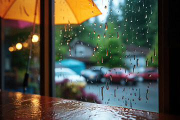 Tableside serenity, Raindrops dance in a tranquil view from the window.