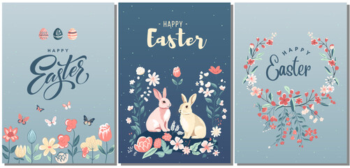 Set of Easter greeting cards, spring template. Happy Easter. Poster, media banner.