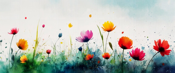  watercolor gradient rainbow flowers on a white background peonies poppies summer spring concept
