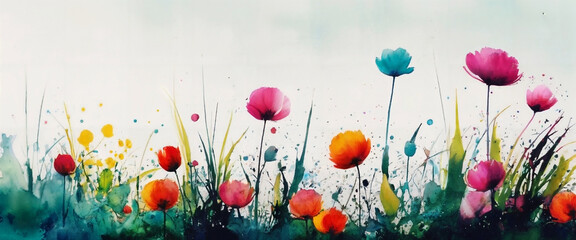 Watercolor gradient rainbow flowers on a white background peonies poppies summer or spring painting. 