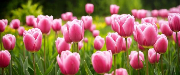 Tulips on a beautiful blurred spring background, women's day concept