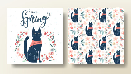 Set of Spring greeting card and seamless pattern with cat, spring template. Hello Spring