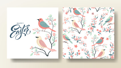 Set of Easter greeting card and seamless pattern with birds, spring template. Happy Easter