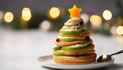 Stack of homemade pancakes with fresh fruit decoration generated by AI