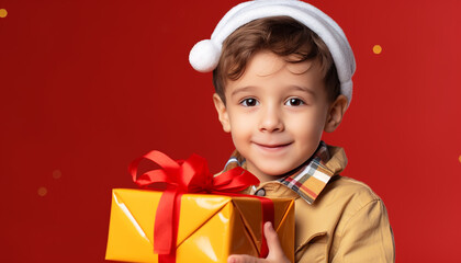 Smiling child holds gift, surrounded by Christmas decorations generated by AI