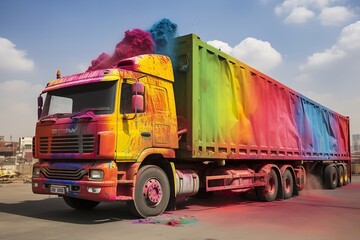 large truck transports various colors for the Holi festival, generative ai