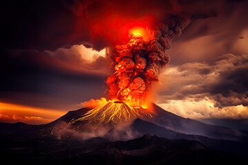 Erupting active volcano with fire, smoke and ash