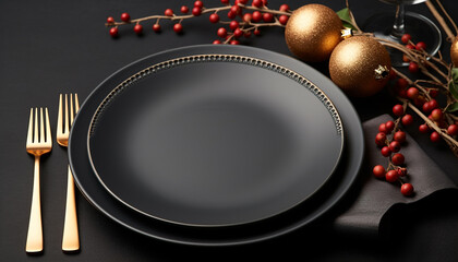 Winter celebration, gold plate, shiny decoration, food on table generated by AI
