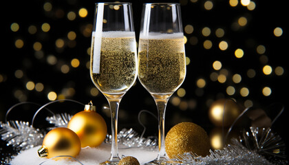 Champagne glass shines in golden Christmas celebration generated by AI