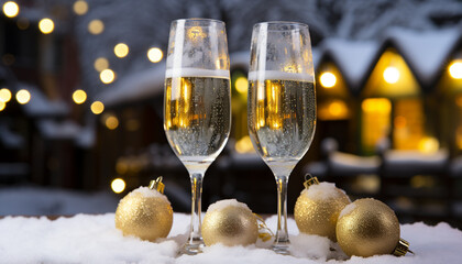 Champagne glasses sparkle in the winter night generated by AI