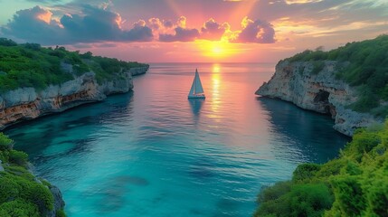 Sunrise paints the sky in vibrant hues, reflecting off the calm turquoise waters of a secluded cove. Lush green cliffs frame the scene, a lone sailboat gliding into the distance