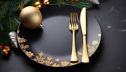 Christmas ornament on gold plate, shiny silverware generated by AI