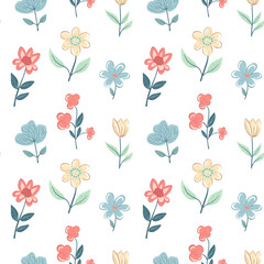 Vector seamless pattern with folk flowers. Spring background. Romantic flower pattern hand drawn.