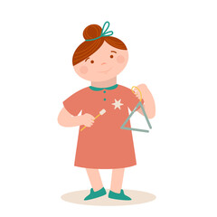 Little cute girl is playing musical triangle. Music vector cartoon illustration.