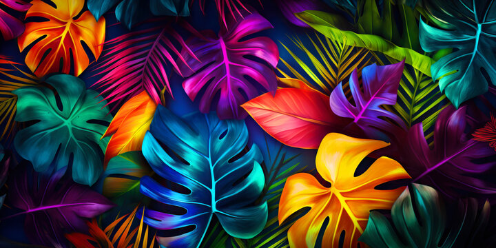 Background with tinted colorfull tropical leaves